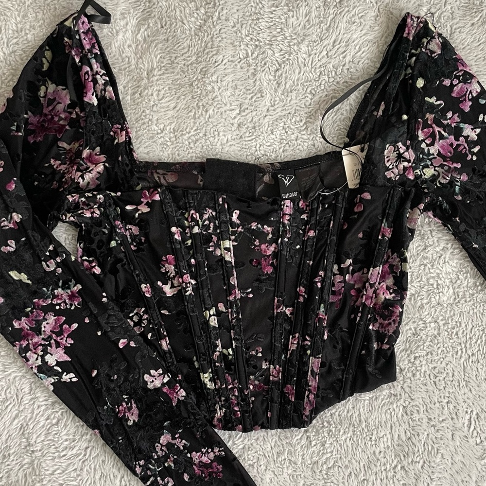 Trendy Florals Flocked Velvet Corset Top